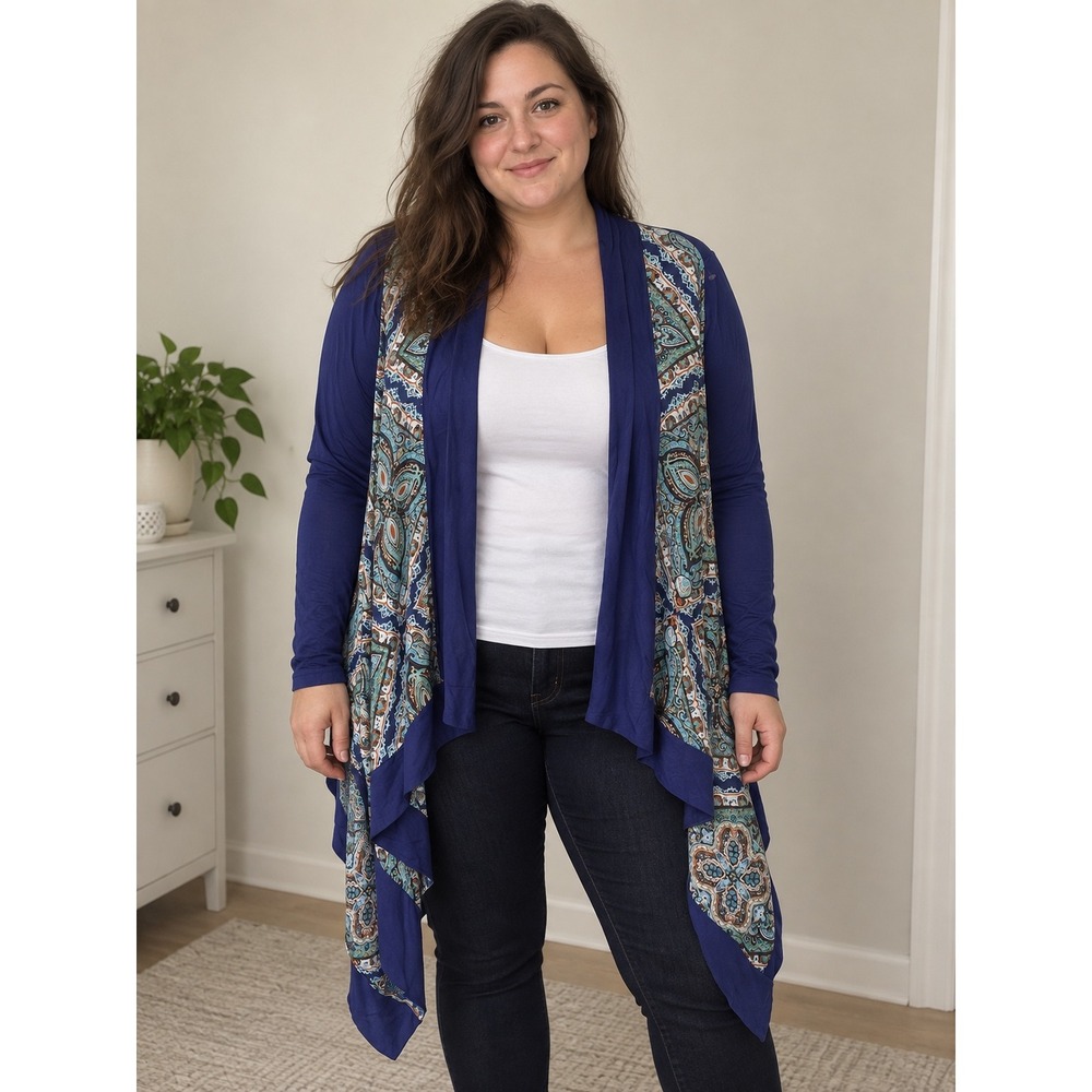 Vertigo Women Blue Paisley Print Draped Open Front Cardigan XL Long Sleeve Knit